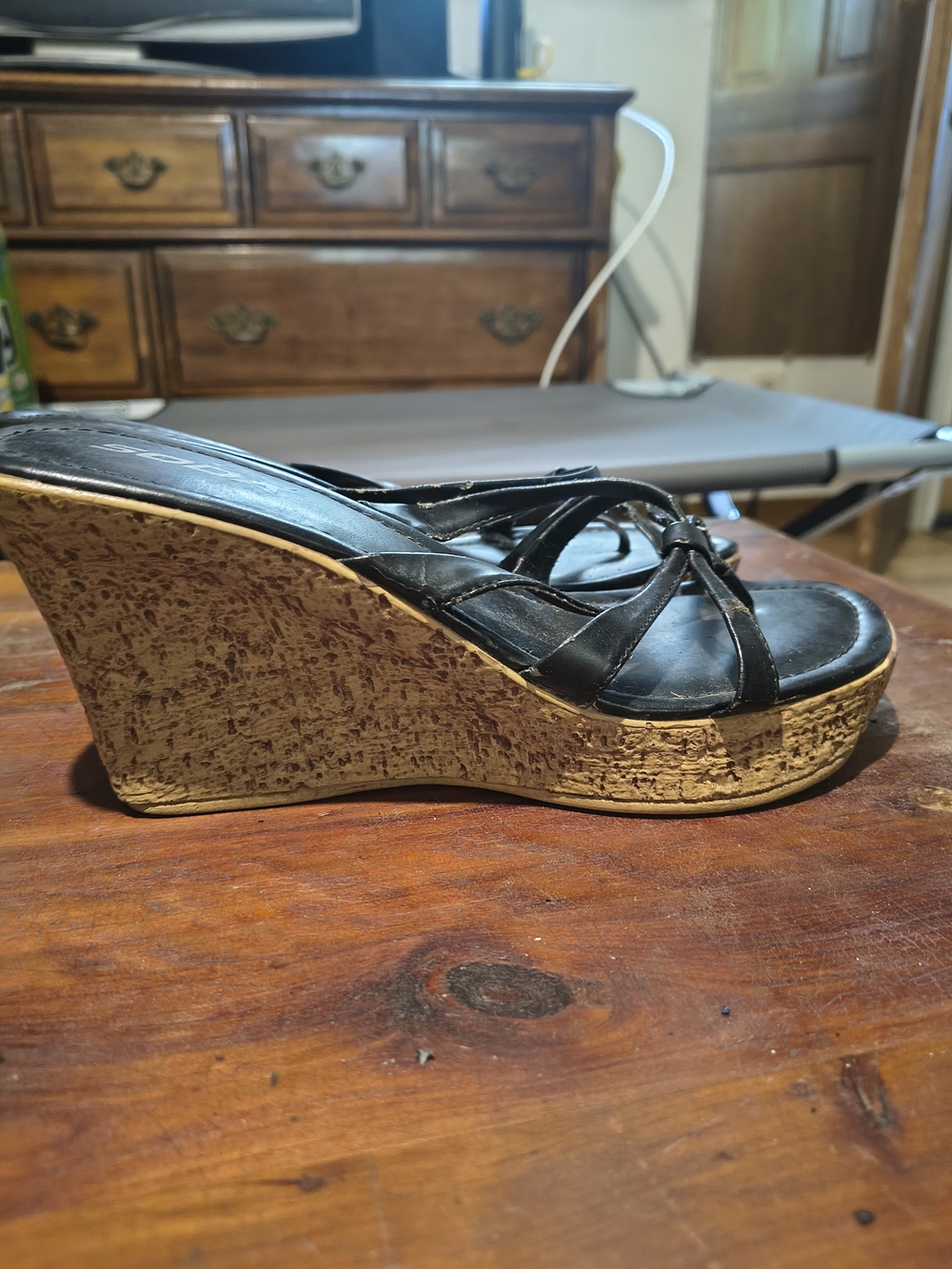 Soda Black Strappy Wedge Sandals with Cork-Style Platform